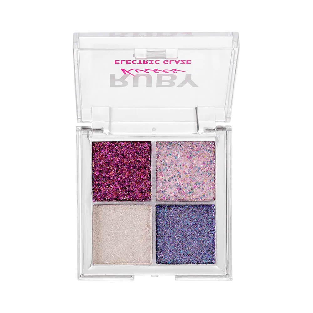 Paleta de Sombras Ruby Kisses Electric Glaze Unicorn aberta mostrando as quatro sombras glitterizadas